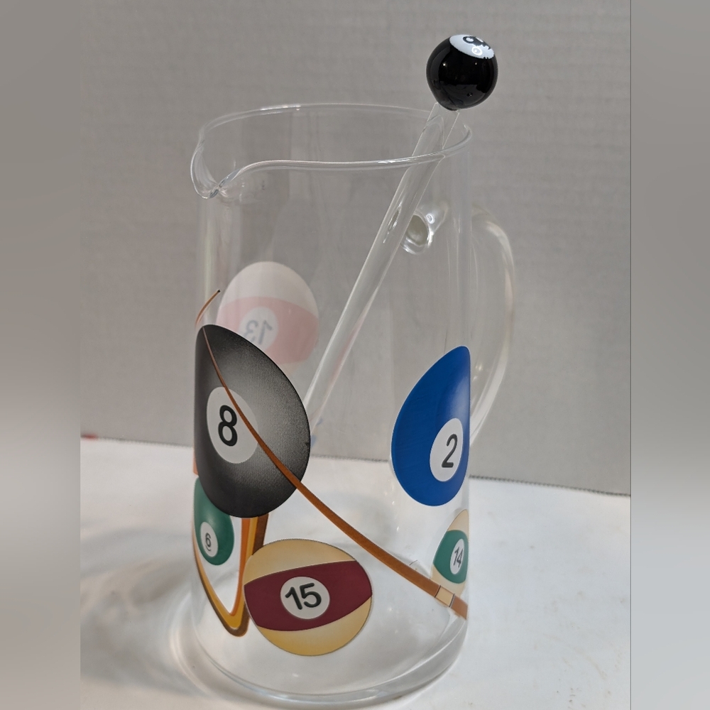 Luminarc Billiards Theme Glass Martini Pitcher With Stirrer Pool Balls.